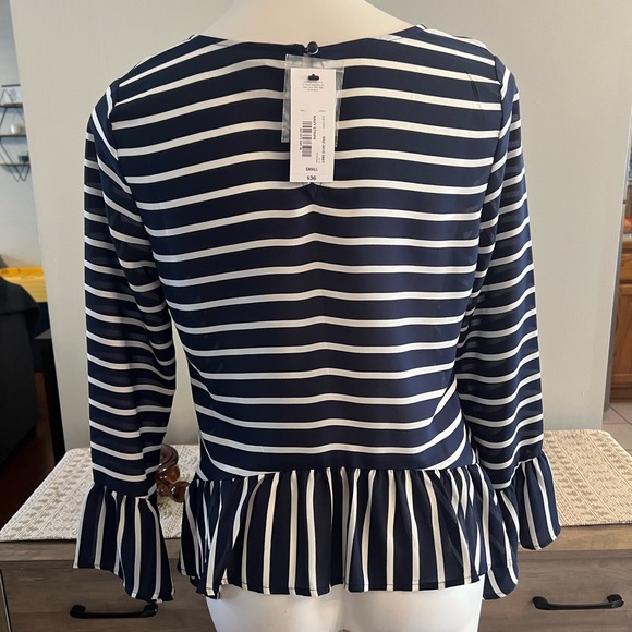 NWT A.n.a. Navy and white striped peplum flutter sleeve top - Picture 3 of 3